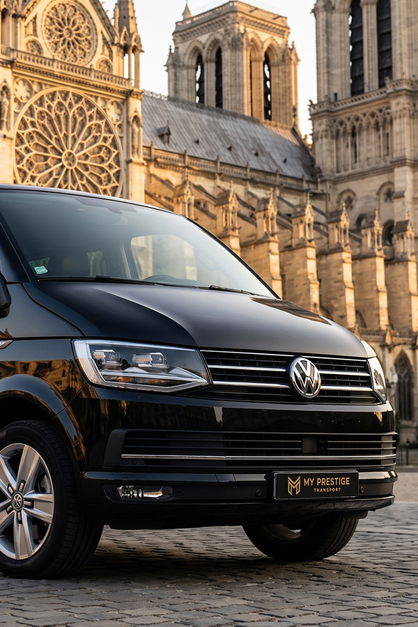 Vue rapprochée de la calandre de la Volkswagen Caravelle noire avec plaque My Prestige Transport, devant Notre-Dame de Paris