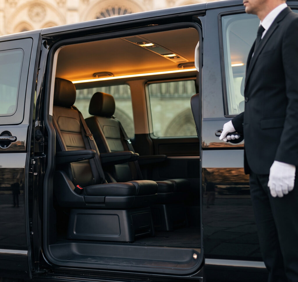 Chauffeur en tenue ouvrant la porte latérale de la Volkswagen Caravelle, intérieur cuir noir spacieux - My Prestige Transport