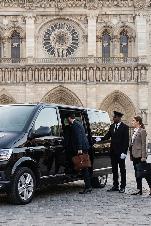 Voyageurs d'affaires montant dans la Volkswagen Caravelle avec chauffeur devant Notre-Dame de Paris - My Prestige Transport